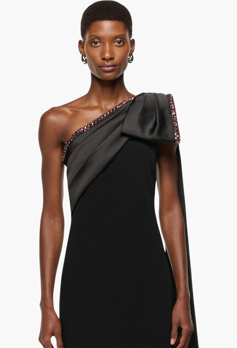 Contrast Crystal Trimmed Bow Satin Crepe Gown